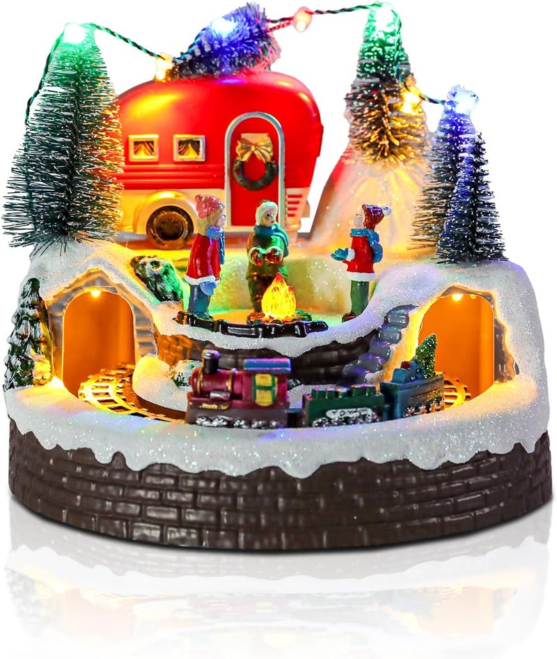 CHONSUN Christmas Village House Musical Christmas Collectible Buildings Camper Bonfire Train Rotation with LED Lights Vacation Village with USB Indoor Figurines Indoor Tabletop Decoration Xmas Decor - Image 1